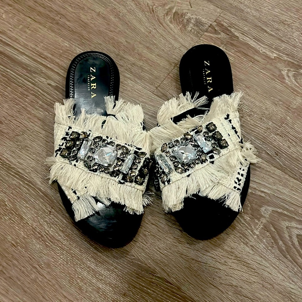 Zara Rhinestone Embellished Fringe Fabric Covered Slide Sandals Size 38/7.5